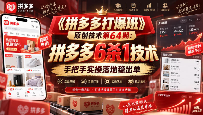 《拼多多打爆班》原创技术第64期：拼多多6杀1技术，手把手实操落地稳出单-极客网创
