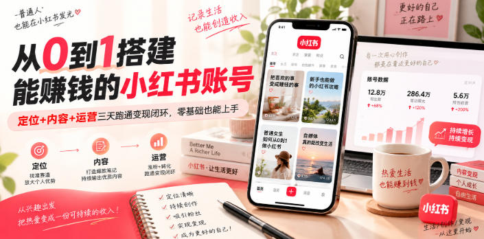 从0到1搭建能賺钱的小红书账号，定位+内容+运营三天跑通变现闭环-极客网创