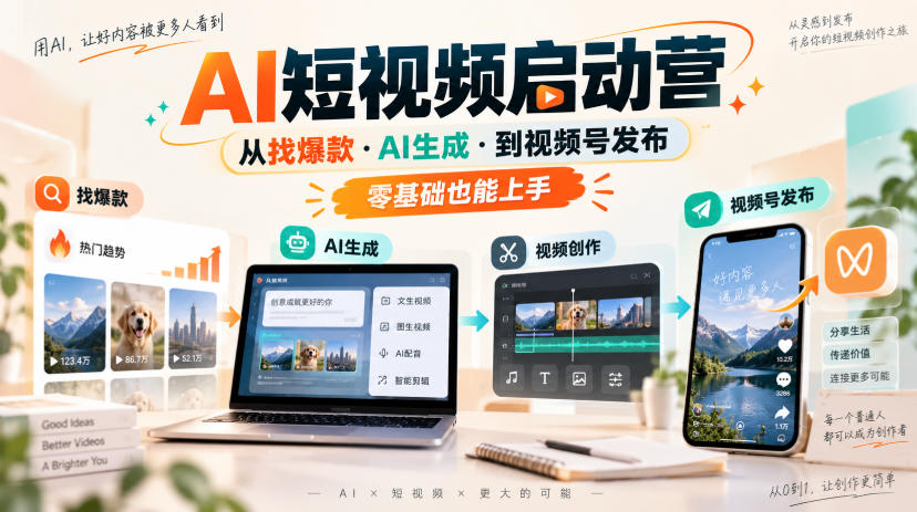 AI短视频启动营，从找爆款·AI生成·到视频号发布，零基础也能上手-极客网创