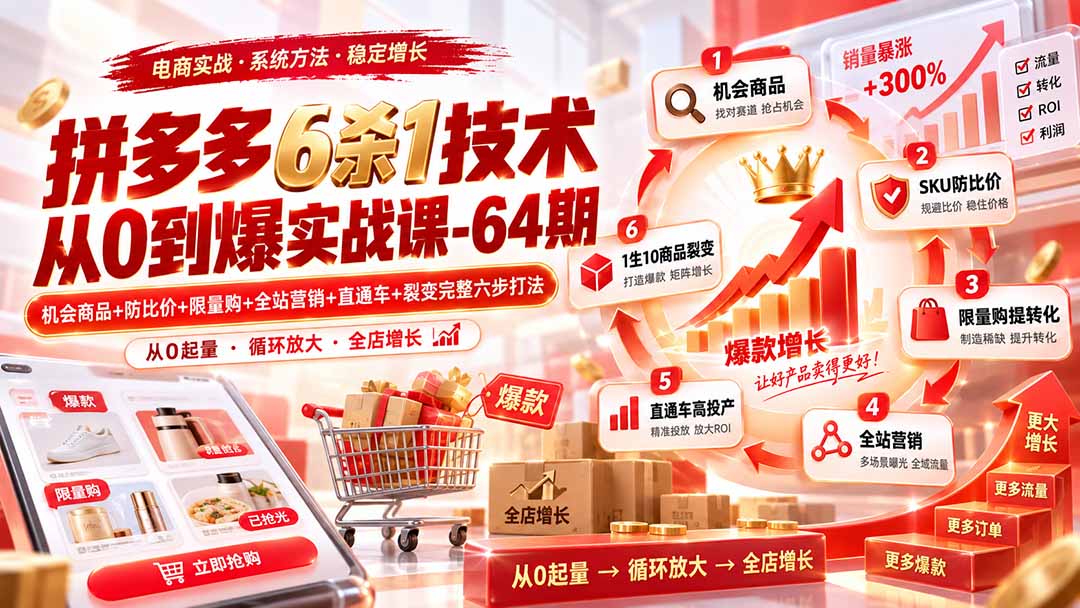 拼多多6杀1技术从0到爆实战课-64期:机会商品+防比价+限量购+全站营销+直通车+裂变完整六步打法-极客网创