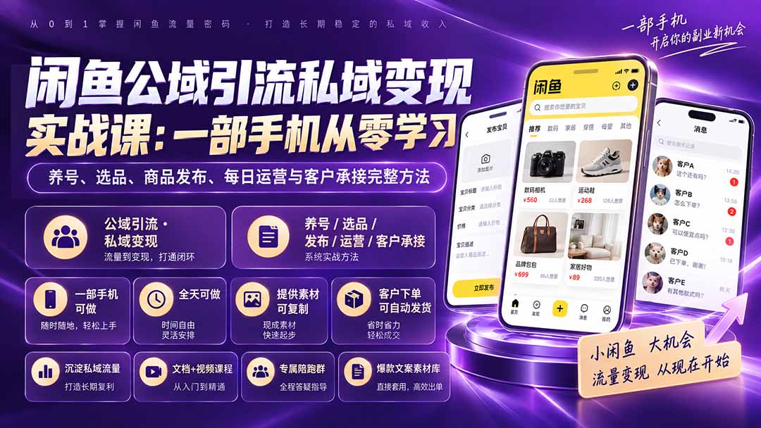 闲鱼公域引流私域变现实战课：一部手机从零学习养号、选品、商品发布、每日运营与客户承接完整方法-极客网创