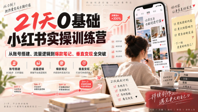 21天0基础小红书实操训练营|从账号搭建、流量逻辑到爆款笔记、垂直变现全突破-极客网创