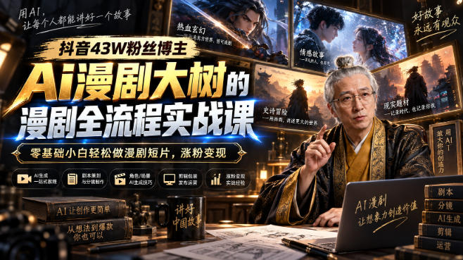 抖音43W粉丝博主Ai漫剧大树的漫剧制作全流程实战课，零基础小白轻松做漫剧短片，涨粉变现-极客网创