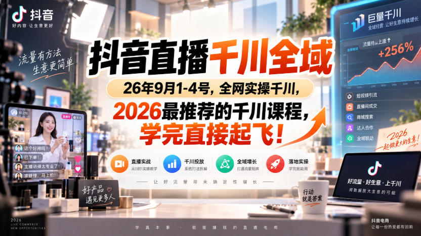 抖音直播千川全域26年9月1-4号，全网实操千川，2026最推荐的千川课程，学完直接起飞！-极客网创