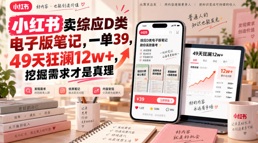 小红书卖综应D类电子版笔记,一单39,49天狂澜12w+,挖掘需求才是真理-极客网创
