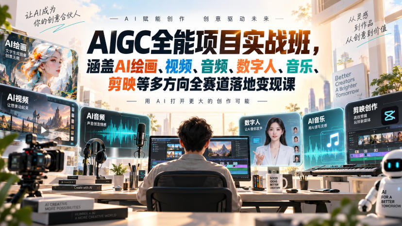 AIGC全能项目实战班,涵盖AI绘画、视频、音频、数字人、音乐、剪映等多方向全赛道落地变现课-极客网创