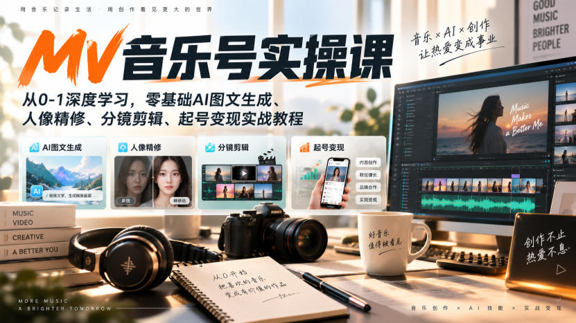 AI MV音乐号实操课，从0-1深度学习，零基础AI图文生成、人像精修、分镜剪辑、起号变现实战教程-极客网创