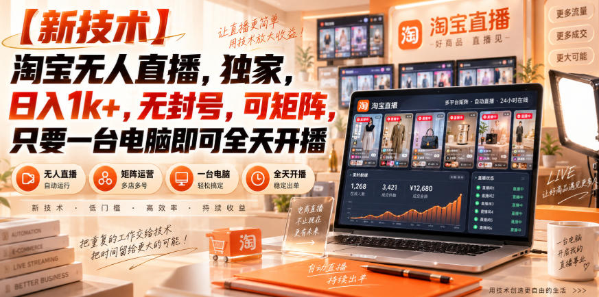 【独家新技术】淘宝无人直播，日入1k+，无封号，可矩阵，只要一台电脑即可全天开播【揭秘】-极客网创