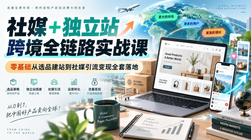 社媒+独立站跨境全链路实战课｜零基础从选品建站到社媒引流变现全套落地-极客网创