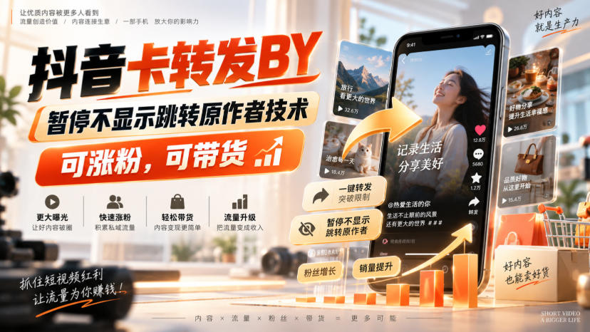 抖音卡转发搬运，暂停不显示跳转原作者技术，可涨粉，可带货-极客网创
