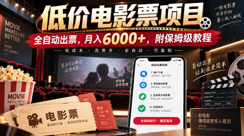 低价电影票项目,全自动出票,月入6000+,附保姆级教程【揭秘】-极客网创