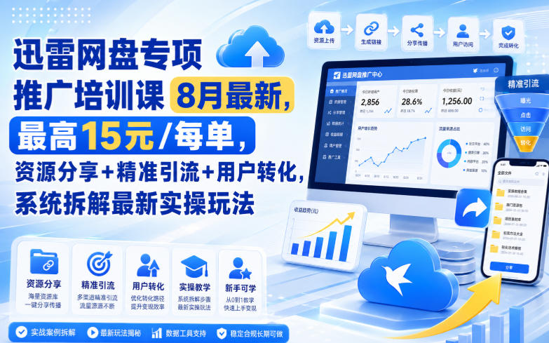 迅雷网盘专项推广培训课9月最新，最高15米/每单，资源分享+精准引流+用户转化，系统拆解最新实操玩法(更新0909)-极客网创
