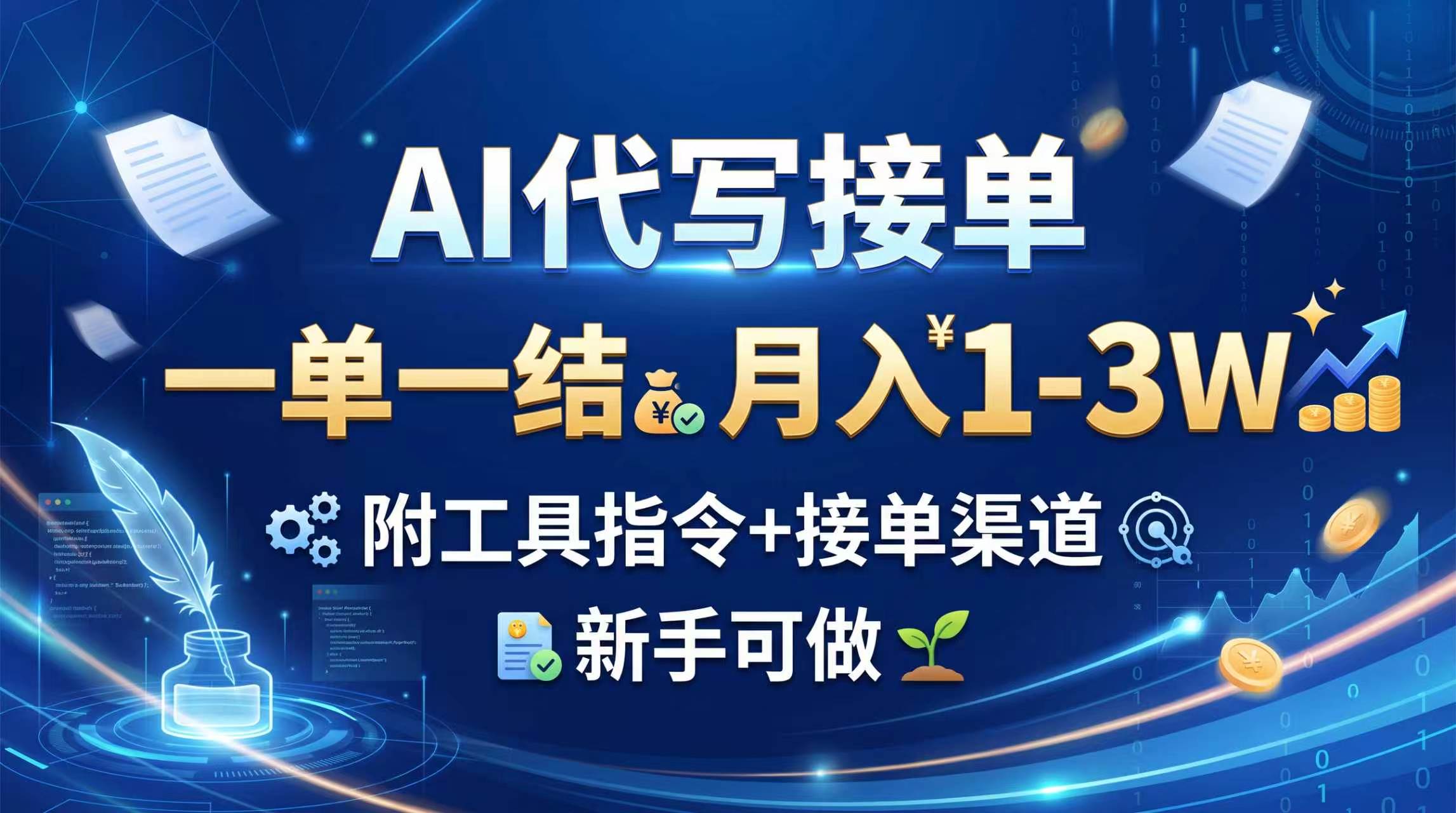 AI代写接单，一单一结，月入1-3W，附工具指令+接单渠道，新手可做-极客网创