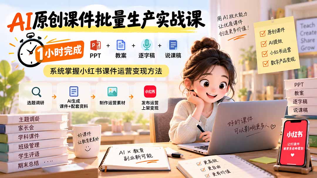AI原创课件批量生产实战课：1小时完成PPT+教案+逐字稿+说课稿，系统掌握小红书课件运营变现方法-极客网创