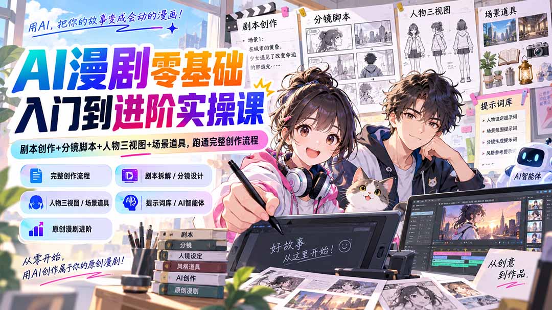 AI漫剧零基础入门到进阶实操课:剧本创作+分镜脚本+人物三视图+场景道具,跑通完整创作流程-极客网创