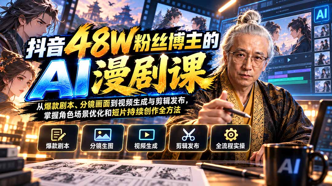 抖音48W粉丝博主的AI漫剧课：从爆款剧本、分镜画面到视频生成与剪辑发布，掌握角色场景优化和短片持续创作全方法-极客网创
