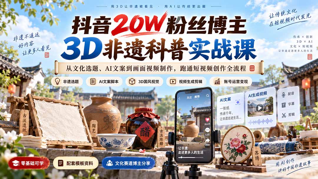 抖音20W粉丝博主3D非遗科普实战课：从文化选题、AI文案到画面视频制作，跑通短视频创作全流程-极客网创