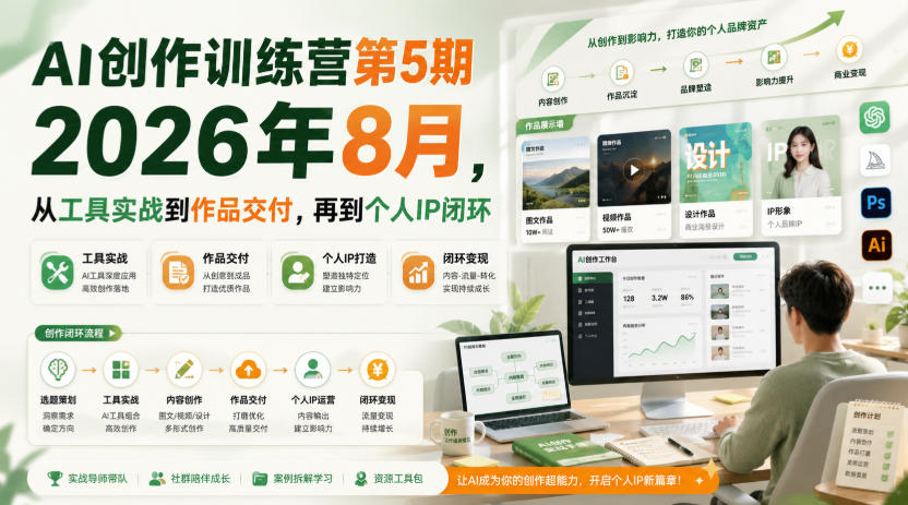 AI创作训练营第5期2026年8月，从工具实战到作品交付，再到个人IP闭环(更新0910)-极客网创