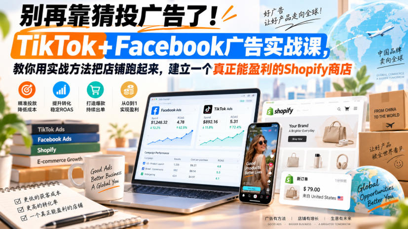 别再靠猜投广告了！TikTok+Facebook广告实战课，教你用实战方法把店铺跑起来，建立一个真正能盈利的Shopify商店【原创双语字幕】-极客网创