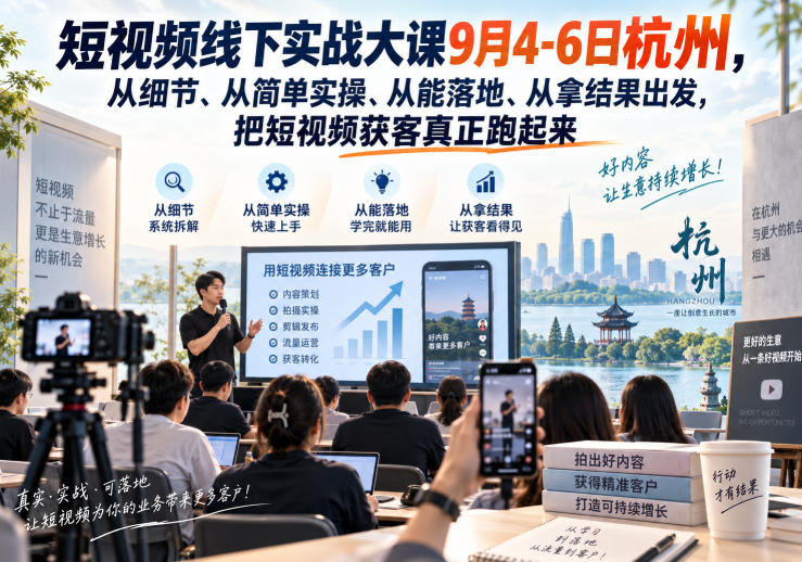 短视频线下实战大课9月4-6日杭州,从细节、从简单实操、从能落地、从拿结果出发,把短视频获客真正跑起来-极客网创