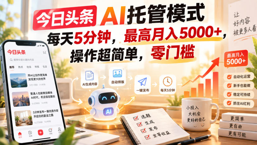 今日头条AI托管模式，每天5分钟，最高月入5000+，操作超简单，零门槛【揭秘】-极客网创