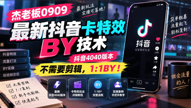 杰老板0909最新抖音卡特效搬运技术，抖音4040版本，不需要剪辑，1:1搬运！-极客网创