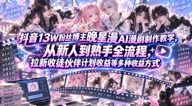 抖音13W粉丝博主晚星漫AI漫剧制作教学，从新人到熟手全流程，拉新收徒伙伴计划收益等多种收益方式，单日1K+-极客网创