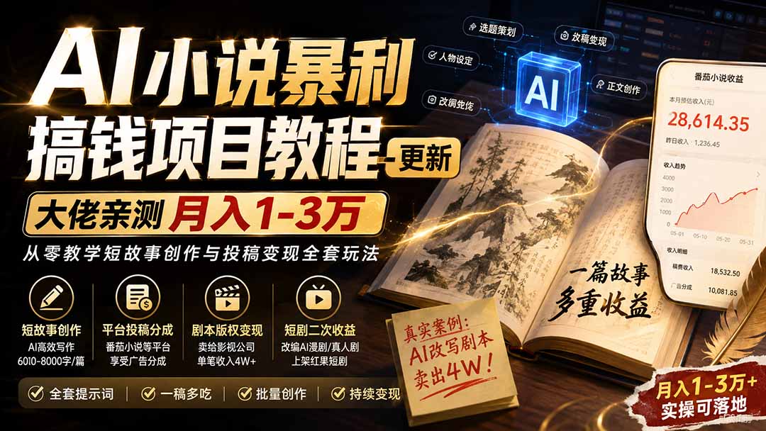 AI小说短故事暴利搞钱项目教程-更新，大佬亲测月入1-3万，从零教学短故事创作与投稿变现全套玩法-极客网创