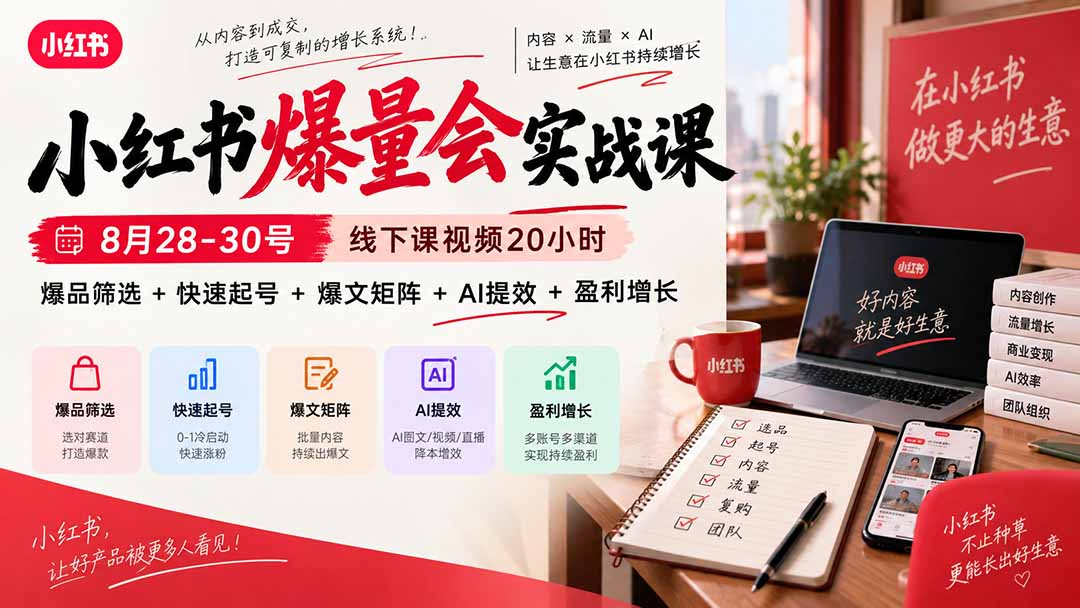 小红书爆量会实战课：8月28-30号线下课视频20小时，爆品筛选+快速起号+爆文矩阵+AI提效+盈利增长-极客网创
