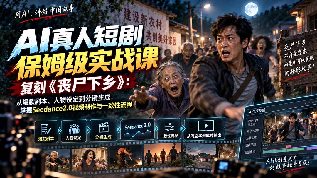 AI真人短剧保姆级实战课，复刻《丧尸下乡》：从爆款剧本、人物设定到分镜生成，掌握Seedance2.0视频制作与一致性流程-极客网创