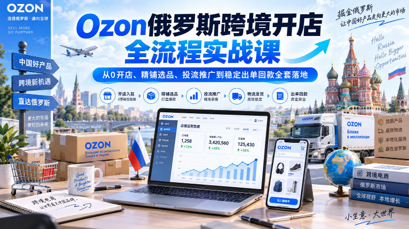 Ozon俄罗斯跨境开店全流程实战课｜从0开店、精铺选品、投流推广到稳定出单回款全套落地-极客网创
