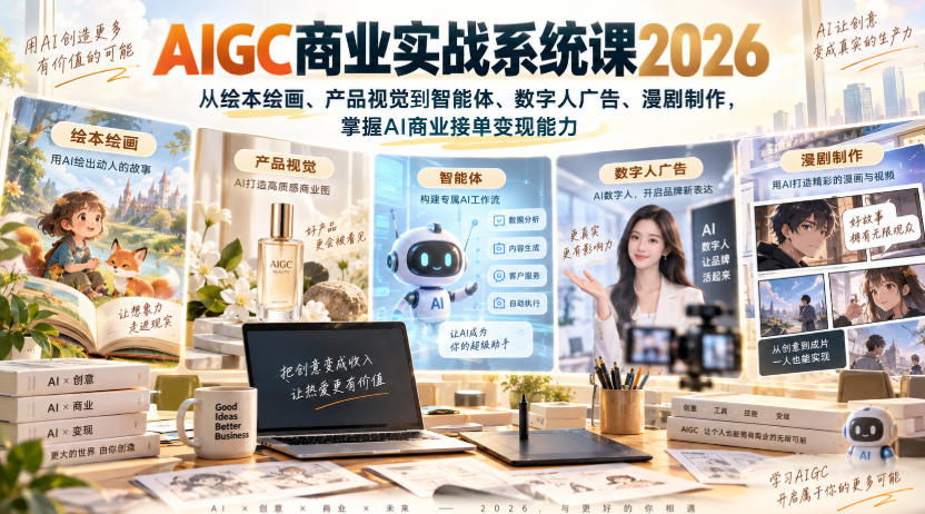 AIGC商业实战系统课2026，从绘本绘画、产品视觉到智能体、数字人广告、漫剧制作，掌握AI商业接单变现能力-极客网创