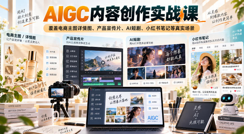 AIGC内容创作实战课，覆盖电商主图详情图、产品宣传片、AI短剧、小红书笔记等真实场景-极客网创