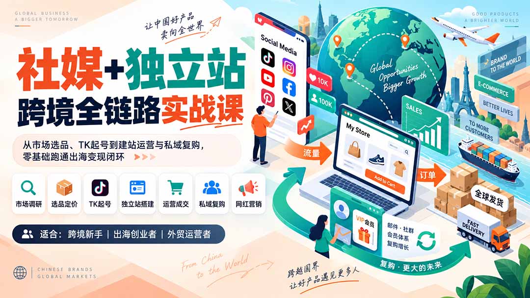 社媒+独立站跨境全链路实战课：从市场选品、TK起号到建站运营与私域复购，零基础跑通出海变现闭环-极客网创