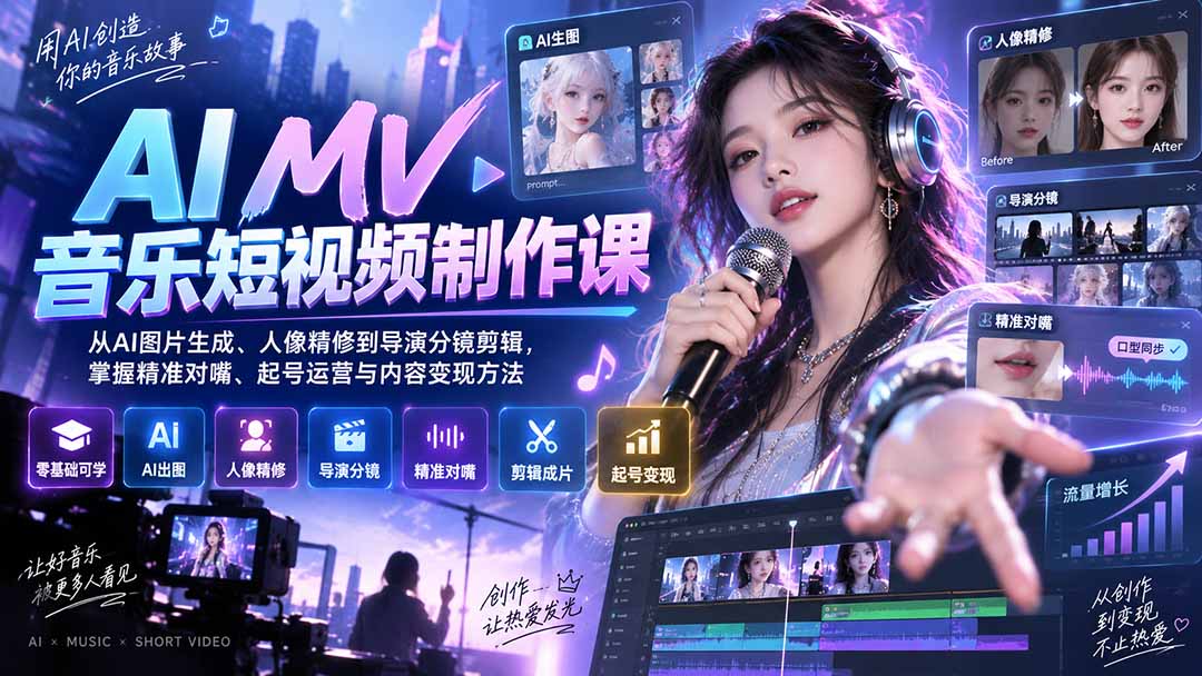AI MV音乐短视频制作课：从AI图片生成、人像精修到导演分镜剪辑，掌握精准对嘴、起号运营与内容变现方法-极客网创