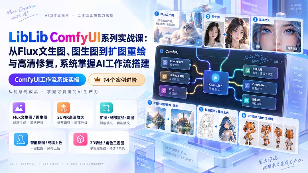 LibLib ComfyUI系列实战课：从Flux文生图、图生图到扩图重绘与高清修复，系统掌握AI工作流搭建-极客网创