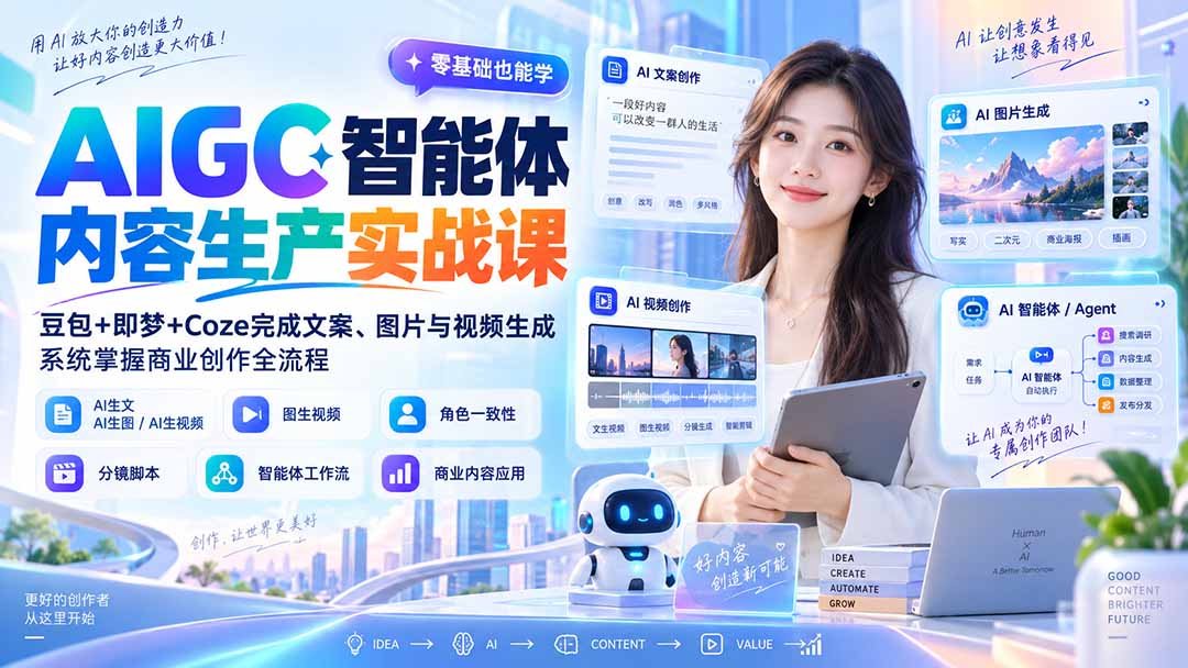 AIGC智能体内容生产实战课:豆包+即梦+Coze完成文案、图片与视频生成,系统掌握商业创作全流程-极客网创