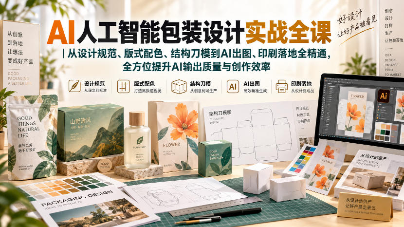 AI人工智能包装设计实战全课｜从设计规范、版式配色、结构刀模到AI出图、印刷落地全精通-极客网创
