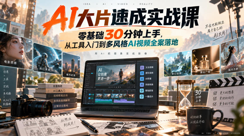 AI大片速成实战课｜零基础30分钟上手，从工具入门到多风格AI视频全案落地​-极客网创