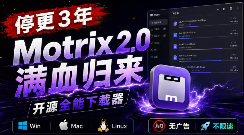 停更3年,Motrix 2.0满血归来:开源全能下载器,Win/Mac/Linux通吃,无广告不限速-极客网创