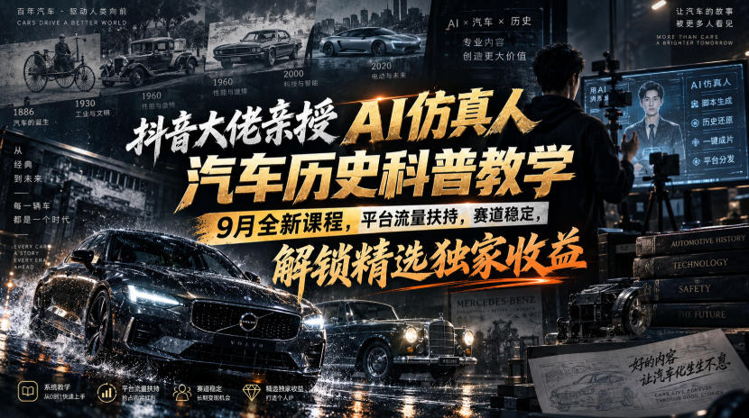抖音大佬亲授AI仿真人汽车历史科普教学，9月全新课程，平台流量扶持，赛道稳定，解锁精选独家收益-极客网创