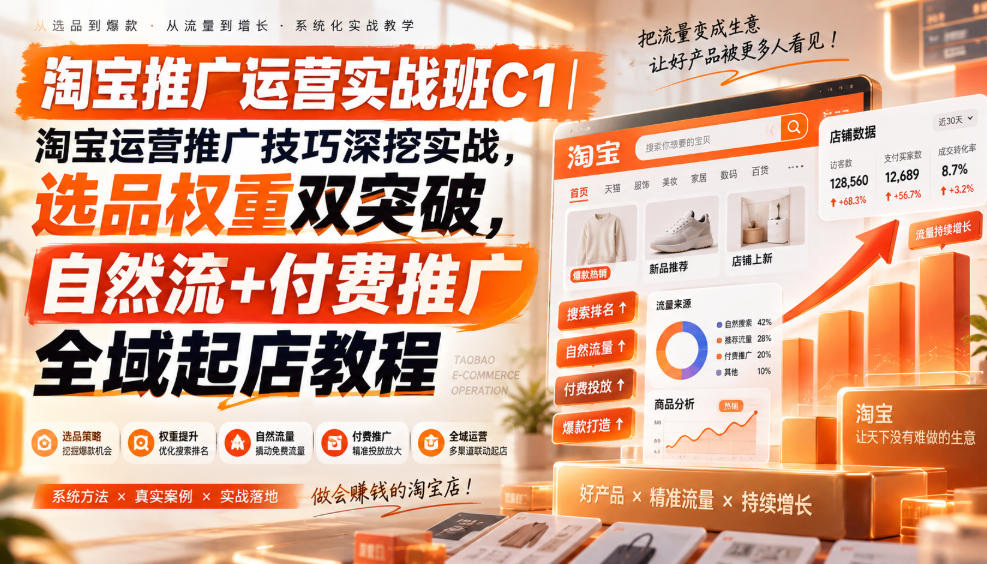 淘宝推广运营实战班C1｜淘宝运营推广技巧深挖实战，选品权重双突破，自然流+付费推广全域起店教程-极客网创