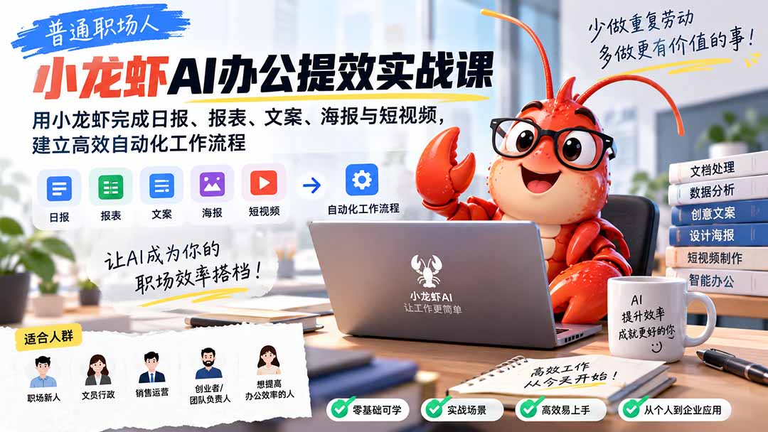 普通职场人AI办公提效实战课：用小龙虾完成日报、报表、文案、海报与短视频，建立高效自动化工作流程-极客网创