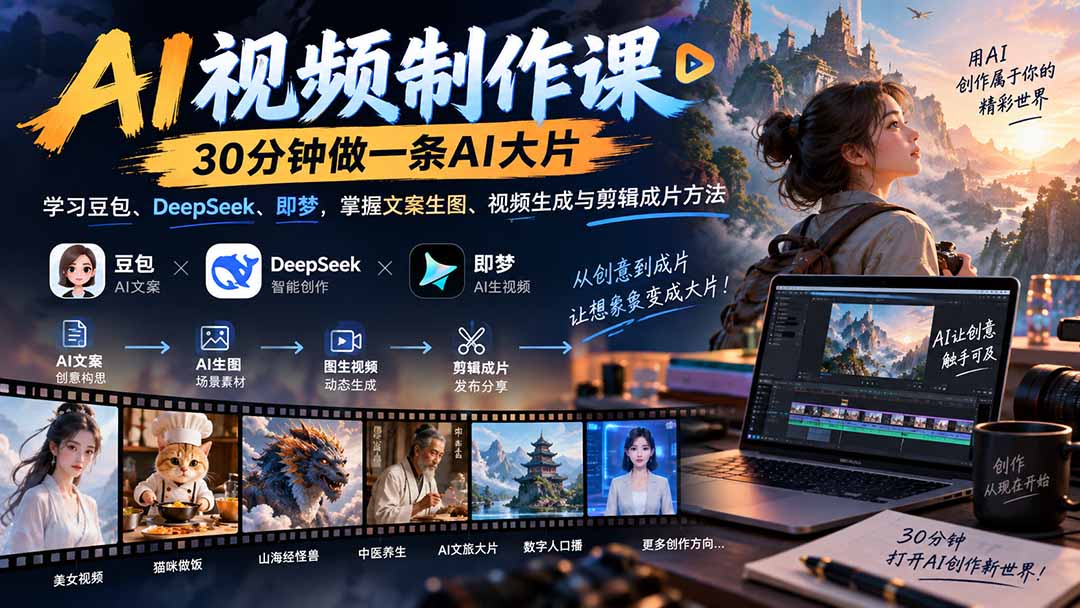 AI视频制作课-30分钟做一条AI大片：学习豆包、DeepSeek、即梦，掌握文案生图、视频生成与剪辑成片方法-极客网创