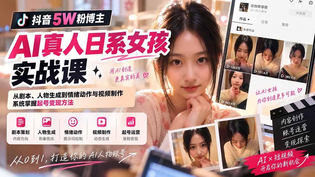 抖音5W粉博主AI真人日系女孩实战课:从剧本、人物生成到情绪动作与视频制作,系统掌握起号变现方法-极客网创