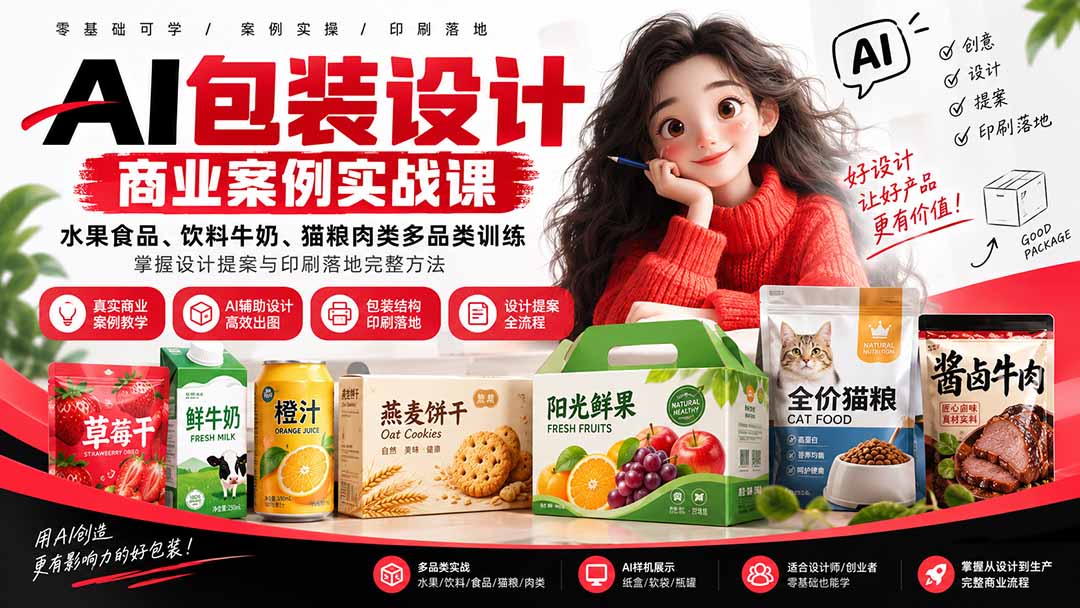 AI包装设计商业案例实战课：水果食品、饮料牛奶、猫粮肉类多品类训练，掌握设计提案与印刷落地完整方法-极客网创