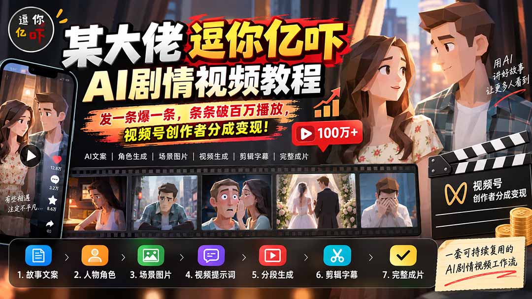 某大佬逗你亿吓AI低模剧情视频制作教程：发一条爆一条，条条破百万播放，利用视频号创作者分成变现!-极客网创
