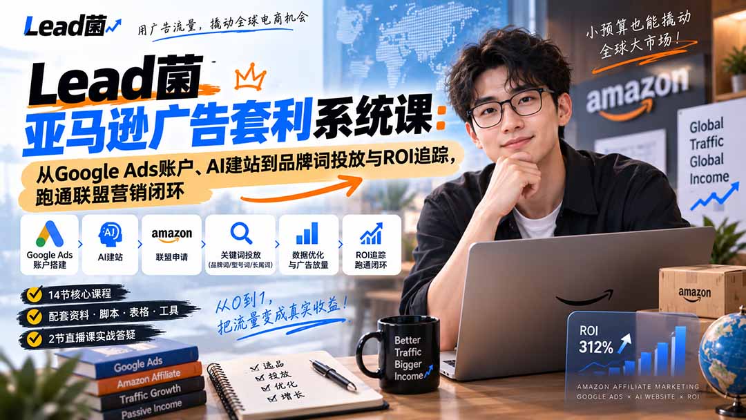Lead菌亚马逊广告套利系统课：从Google Ads账户、AI建站到品牌词投放与ROI追踪，跑通联盟营销闭环-极客网创