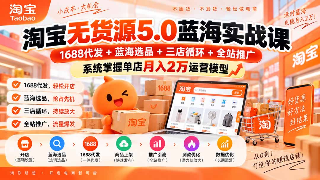 淘宝无货源5.0蓝海实战课-更新：1688代发+蓝海选品+三店循环+全站推广，系统掌握单店月入2万运营模型-极客网创