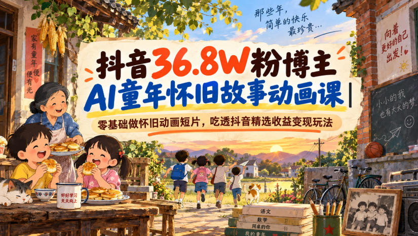 抖音36.8W粉博主AI童年怀旧故事动画课｜零基础做怀旧动画短片，吃透抖音精选收益变现玩法-极客网创